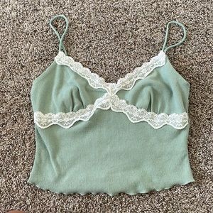 flattering, sage green with white lace